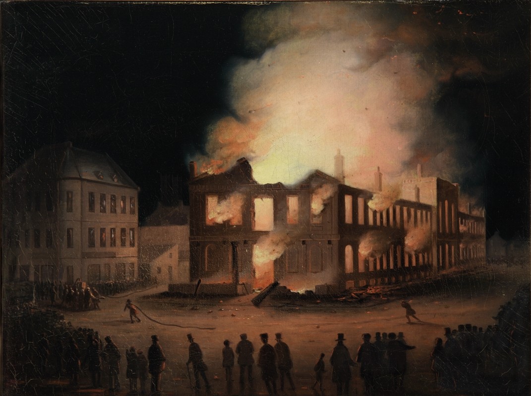 Formely attibuted to Joseph Légaré, <i>The Burning of the Parliament Building in Montreal</i>, 1849. M11588, McCord Stewart Museum