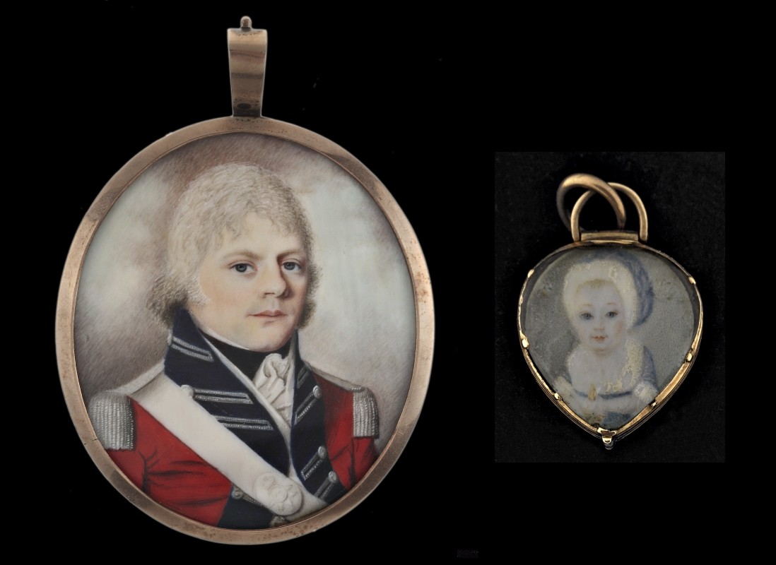 Portraits miniatures de l'officier James Cuthbert et de son enfant, vers 1797-1798 pour le médaillon et vers 1815-1820 pour la breloque. Don du Dr. Wendy C. Weaver, M2009.31.5.1-2, Musée McCord Stewart