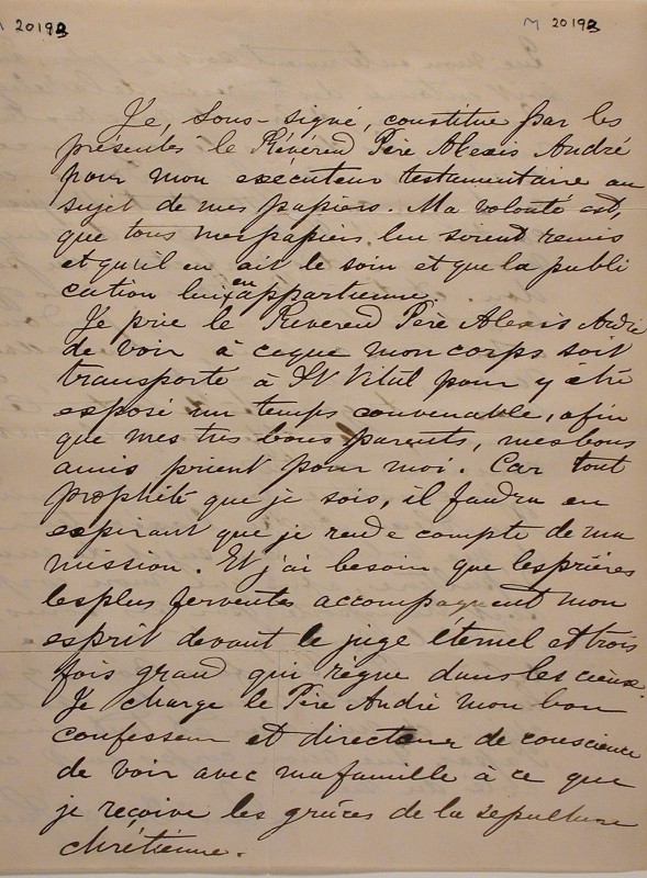 Last wishes of Louis Riel, expressed to Reverend Father Alexis André, November 16, 1885. Gift of Brian McGreevy, Louis Riel Collection C209, M20193, McCord Stewart Museum