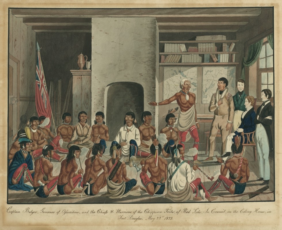 Peter Rindisbacher, <i>Le capitaine Bulger, gouverneur d'Assiniboia, et des chefs et des guerriers de la nation chippewa de Red Lake, réunis en conseil à la Maison de la colonie au Fort Douglas, 22 mai 1823</i>, 1823. M965.9, Musée McCord Stewart