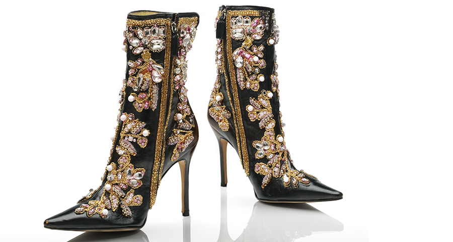 Dolce & Gabbana, leather ankle boots with gold, white and pink embroidery, 2001. Photo © Victoria and Albert Museum, London.