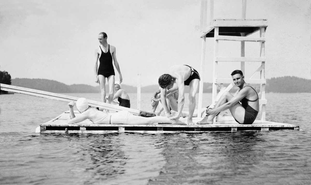Attributed to Robert E. Cooper, <i>“Going in”: Olga, George, Gordon and Ken at Lake Memphrémagog, Magog, Quebec</i>, 1935. Gift of Marjorie D. Cooper Gawley, M2004.94.36.167, McCord Museum