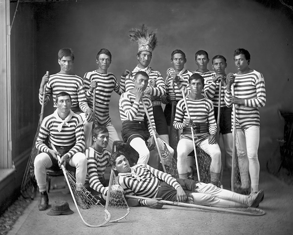 William Notman, <i>Kahnawà:ke lacrosse team</i>, 1876, reversed glass plate negative, 20.3 x 25.4 cm, McCord Stewart Museum, II-41679