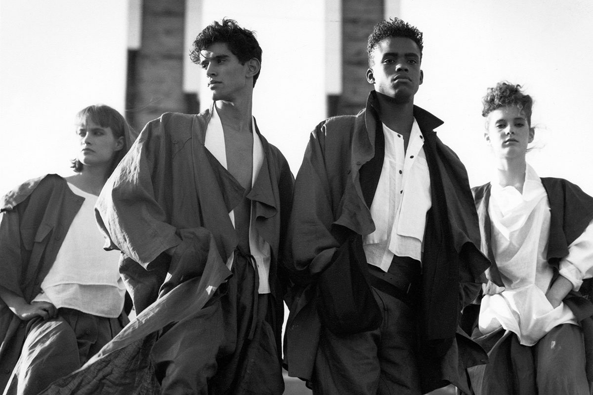 Bobby Sheehan, <i>Promotional photograph of John David Agosto, Amanda Coulson, Musa Jackson and unknown model in Queens, New York</i>, 1983. Lent by Nicola Pelly. © Bobby Sheehan