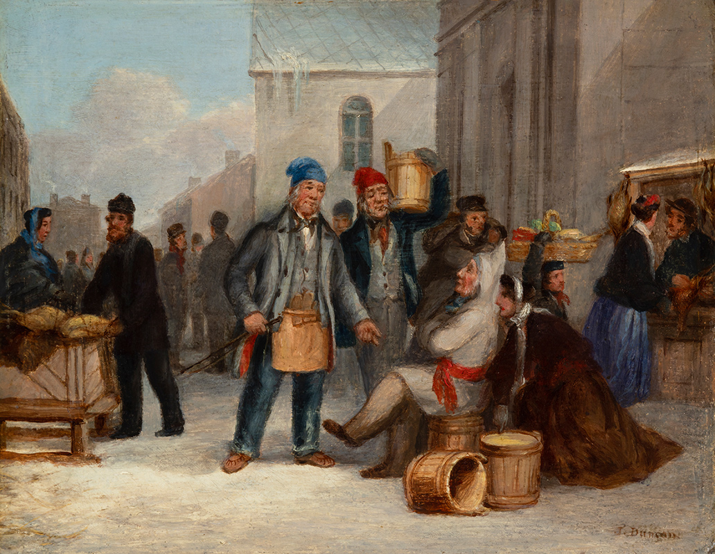 <I>Bonsecours Market Scene in Winter</I>, 1850–1860, oil on wood. Gift of David Ross McCord, M316, McCord Stewart Museum