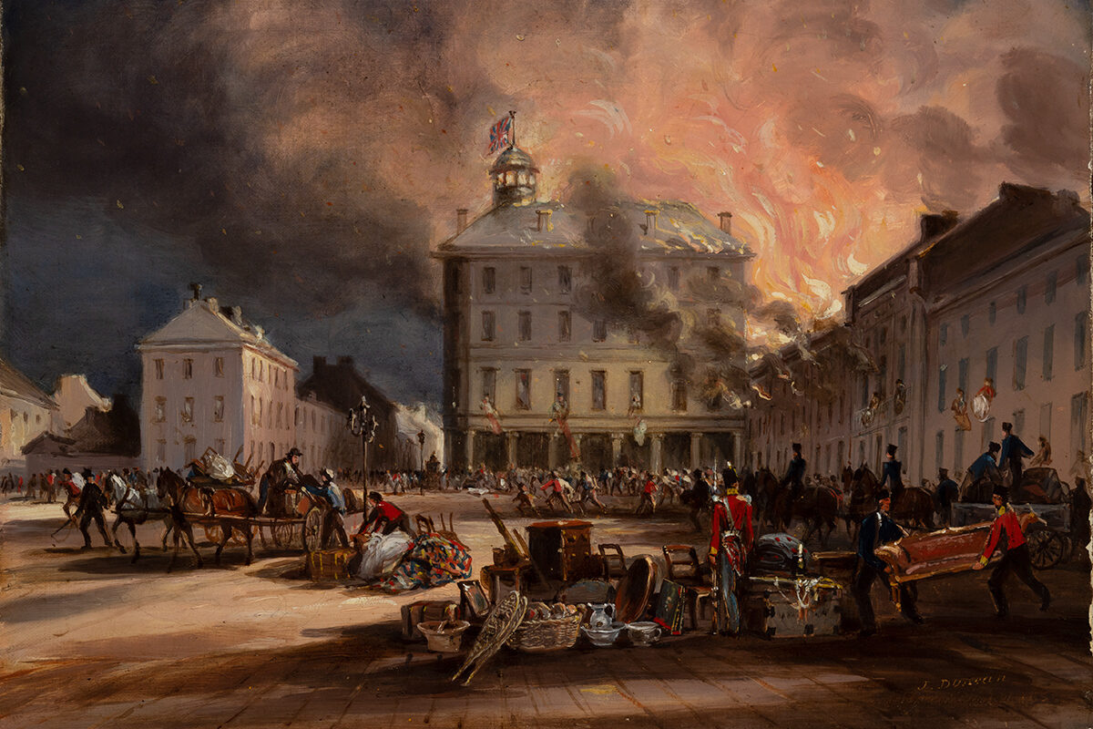 <I>Burning of Hayes House, Dalhousie Square, Montreal</I>, 1852, oil on wood. Gift of David Ross McCord, M310, McCord Stewart Museum