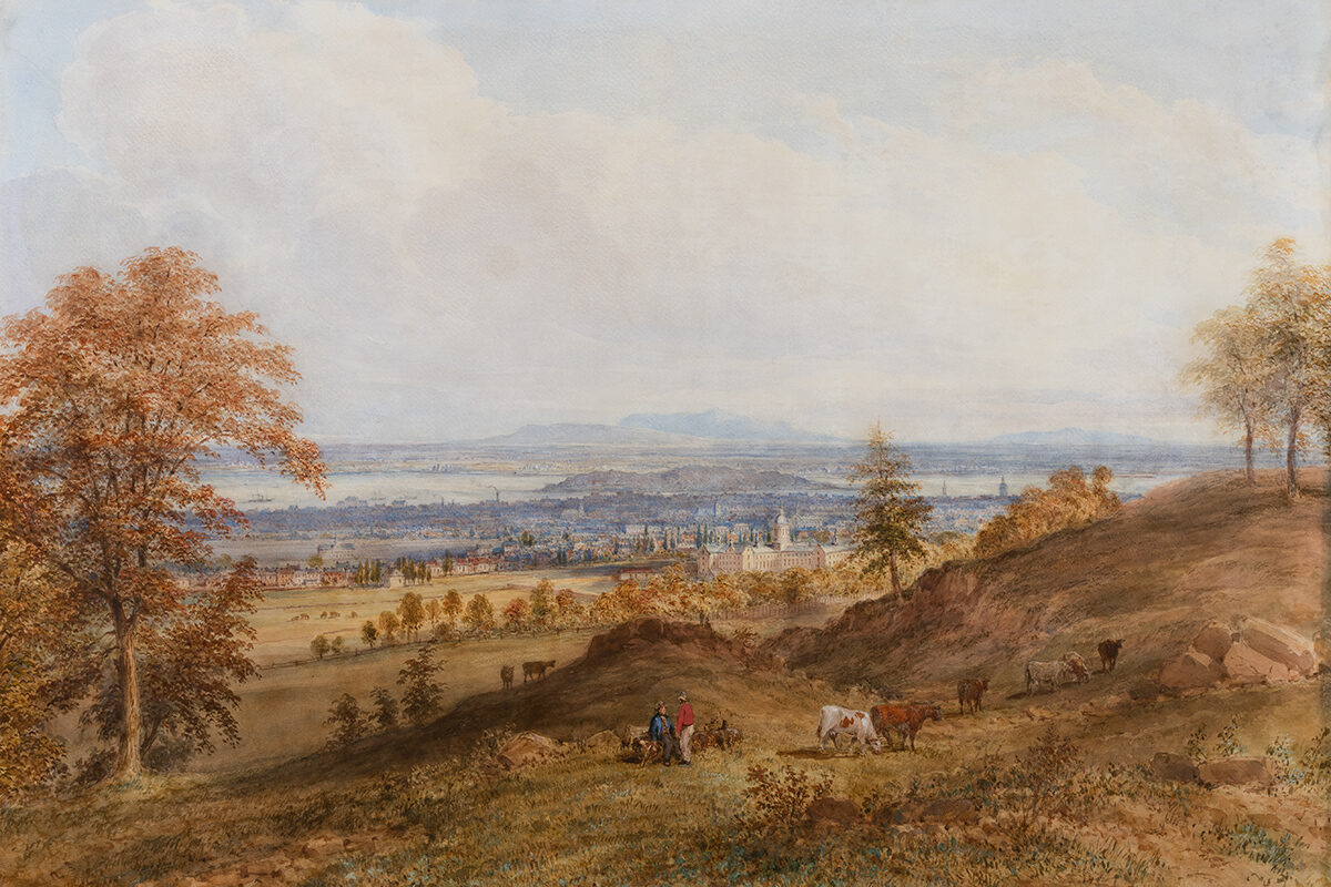 <I>Montréal depuis la montagne montrant l’Hôtel-Dieu</I>, vers 1865, aquarelle et touches de gouache sur graphite sur papier vélin. Don d’Alan, David, John et Tom Law, M2004.29.1, Musée McCord Stewart