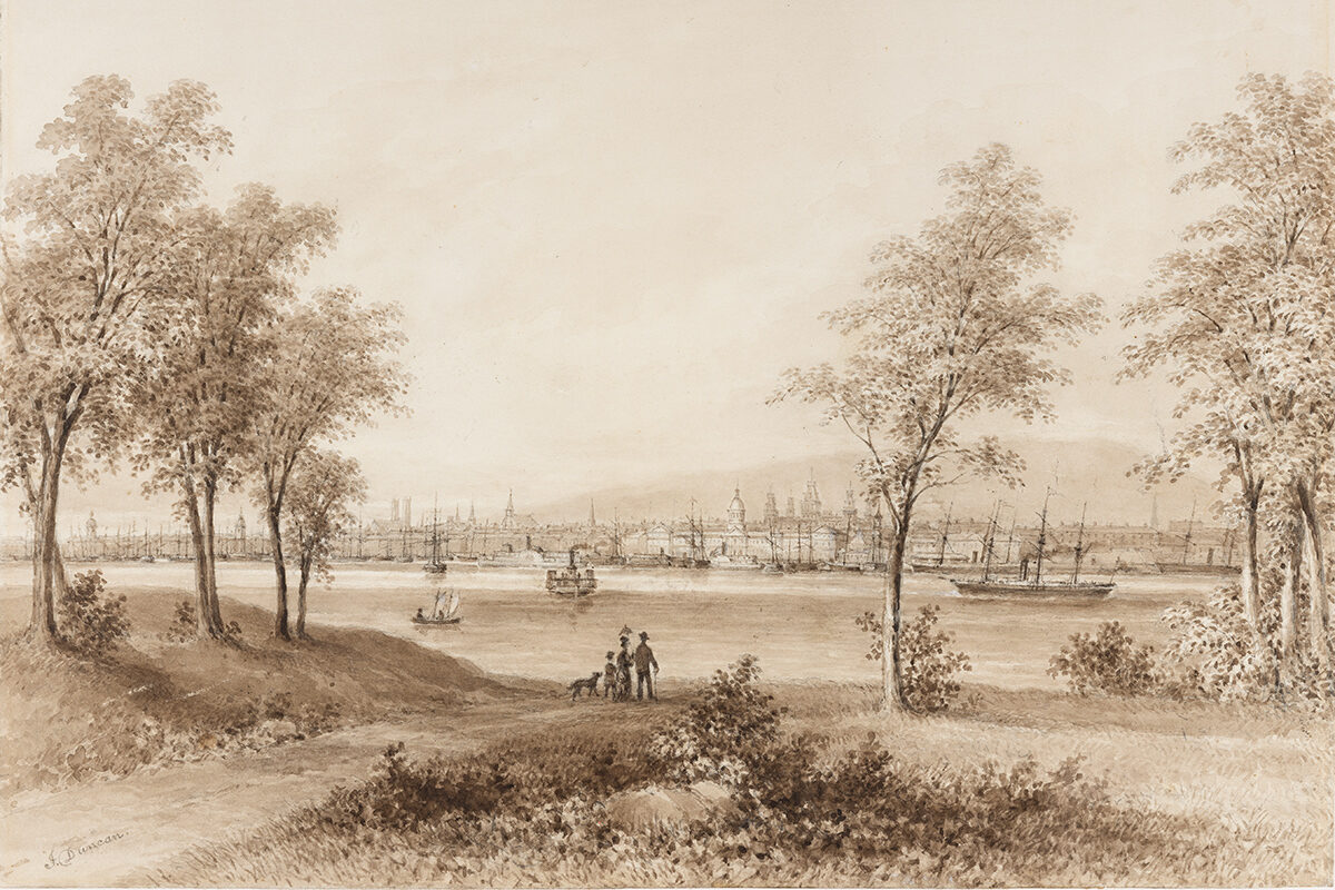 <I>Montréal depuis l’île Sainte-Hélène</I>, 1878, lavis à l’encre sur crayon gras sur papier. Don de David Ross McCord, M314, Musée McCord Stewart