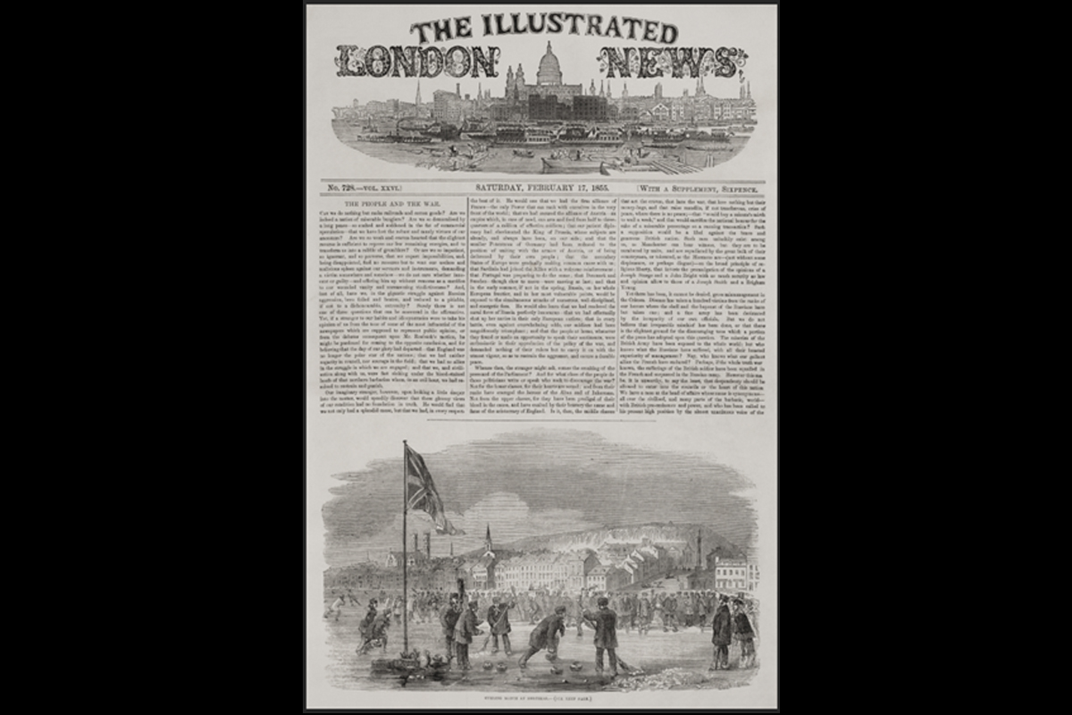 James Duncan, <em>Curling Match at Montreal</em>, February 17, 1855, front page published in <em>The Illustrated London News</em>. Gift of Charles P. deVolpi, M977.164.1, McCord Stewart Museum 