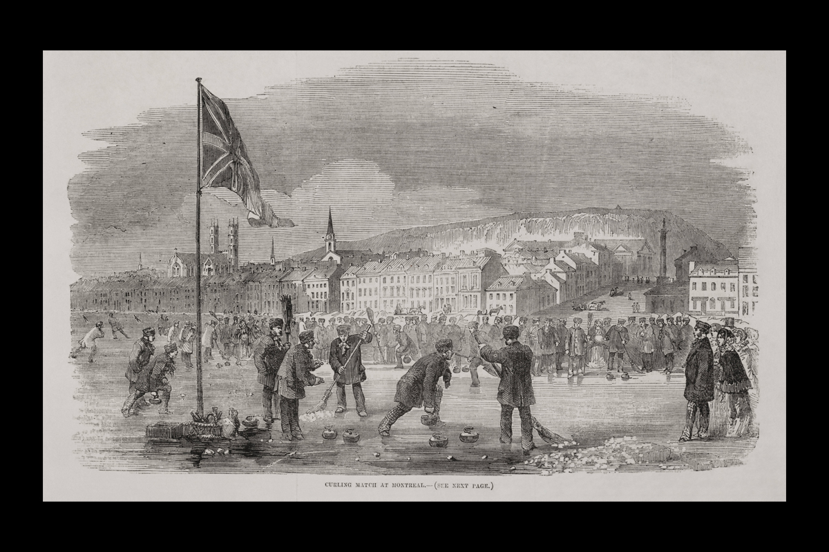 James Duncan, <em>Curling Match at Montreal</em>, February 17, 1855, wood engraving published in <em>The Illustrated London News</em>. Gift of Charles P. deVolpi, M977.164.1, McCord Stewart Museum 