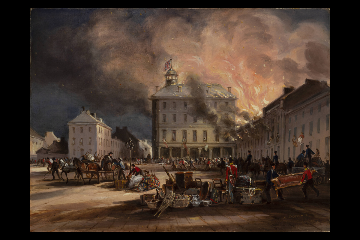 James Duncan, <em>Burning of Hayes House, Dalhousie Square, Montreal</em>, 1852, oil on wood. Gift of David Ross McCord, M310, McCord Stewart Museum