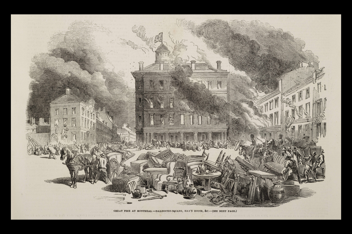 James Duncan, <em>Great Fire at Montreal. Dalhousie Square, Hay’s House, etc.</em>, August 7, 1852, wood engraving published in <em>The Illustrated London News</em>. Gift of Edith Milburn Ross, M21990.21.89.1, McCord Stewart Museum