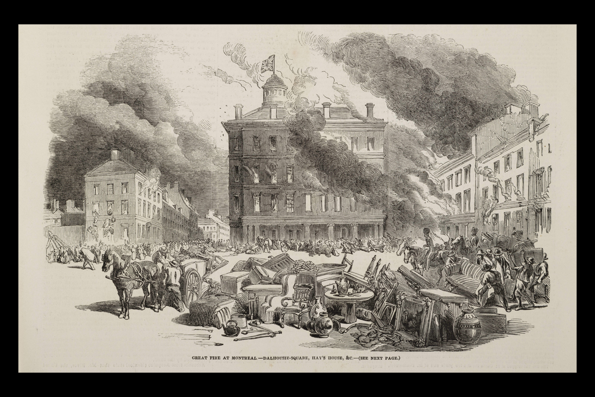 James Duncan, <em>Grand incendie de Montréal — Square Dalhousie, maison Hayes, etc.</em>, 7 août 1852, gravure sur bois publiée dans <em>The Illustrated London News</em>. Don d’Edith Milburn Ross, M21990.21.89.1, Musée McCord Stewart