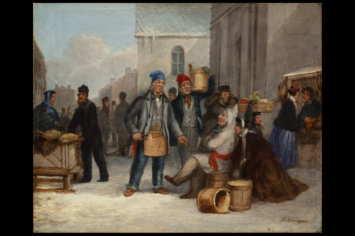 James Duncan, <em>Bonsecours Market Scene in Winter</em>, 1850–1860, oil on wood. Gift of David Ross McCord, M316, McCord Stewart Museum