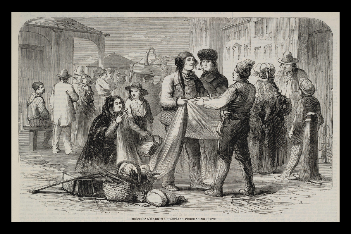 James Duncan, <em>Montreal Market: Habitants Purchasing Cloth</em>, March 19, 1859, wood engraving published in <em>The Illustrated London News</em>. Gift of Charles P. deVolpi, M975.62.653.1, McCord Stewart Museum