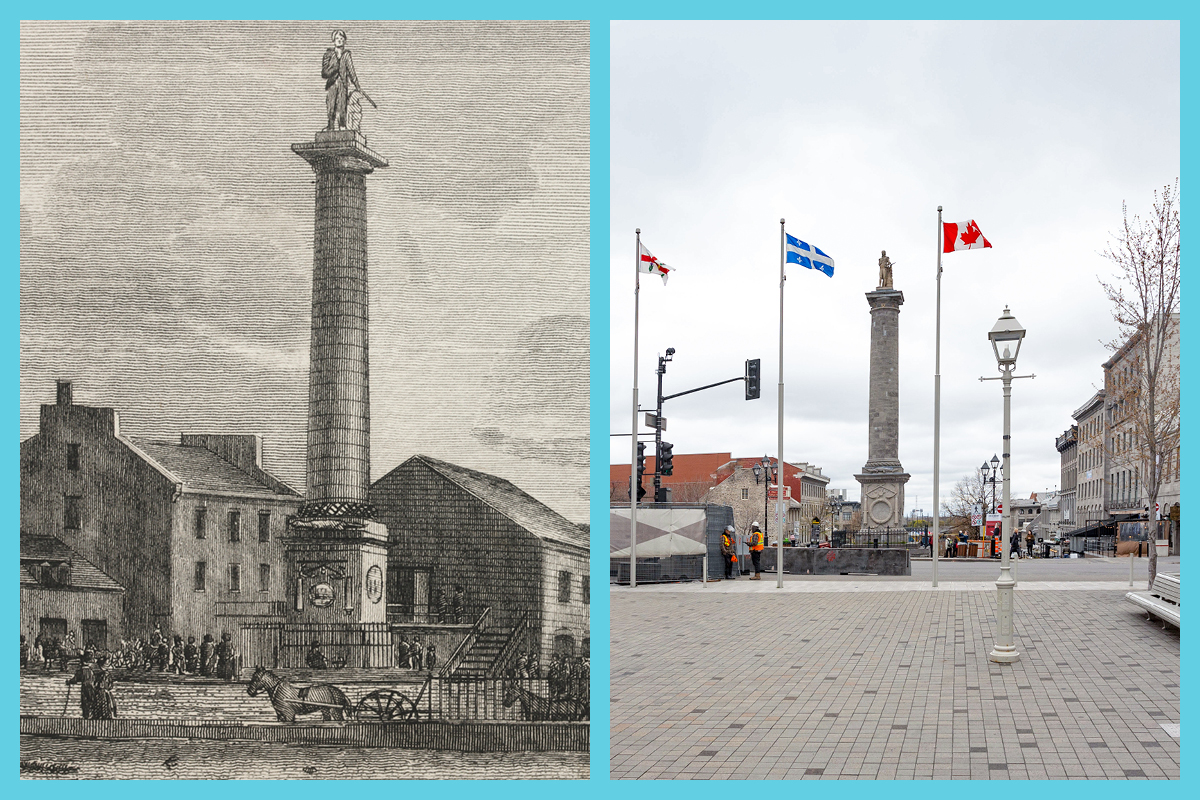 À gauche : <em>James Duncan, Nouveau marché et le monument Nelson, Montréal,</em> 1839. M2001X.6.50.34, Musée McCord Stewart<br> À droite : <em>Le monument Nelson, Montréal,</em> 2023 © Roger Aziz 