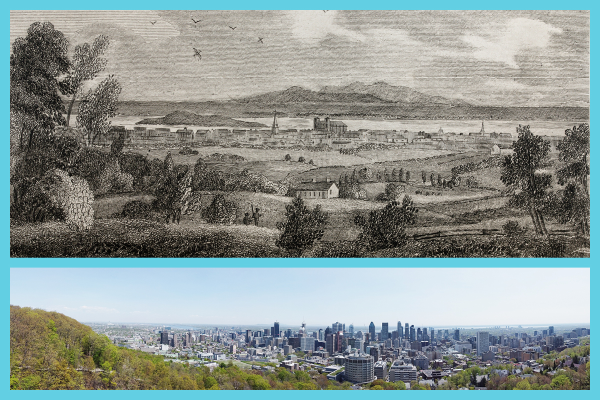 Left: James Duncan, <em>City of Montreal from the Mountain, Montreal,</em> 1839. M2001X.6.50.45, McCord Stewart Museum
<br>
RIght: <em>View from the Mont Royal, Montréal,</em> 2023  © Roger Aziz