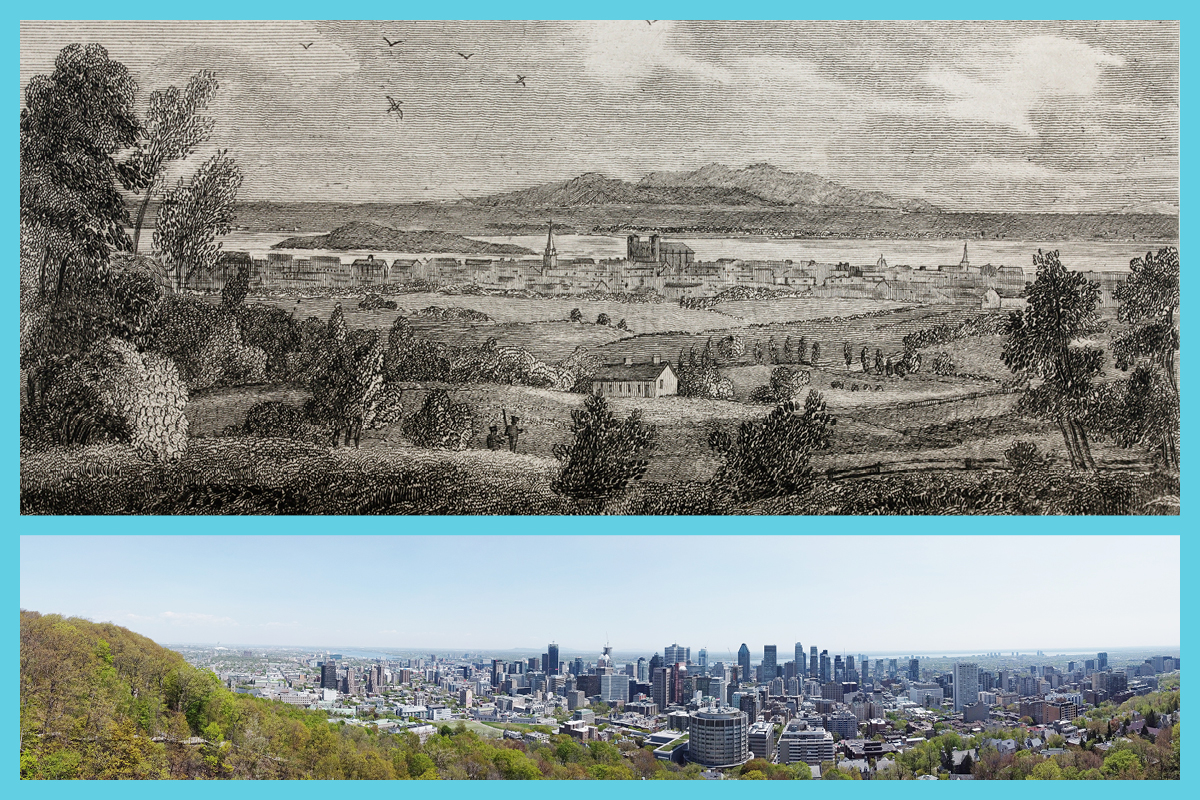 À gauche : James Duncan, Montréal depuis la montagne, Montréal, 1839. M2001X.6.50.45, Musée McCord Stewart <br> À droite : Vue depuis le mont Royal Montréal, 2023  © Roger Aziz