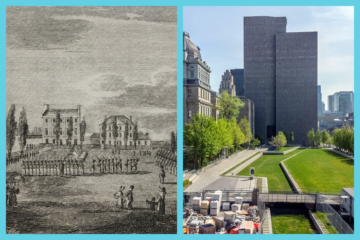 Left: James Duncan, <em>Champ de Mars, Montreal,</em> 1839. M2001X.6.50.41, McCord Stewart Museum<br>
Right: <em>Champ-de-Mars, Montreal,</em> 2023  © Roger Aziz
