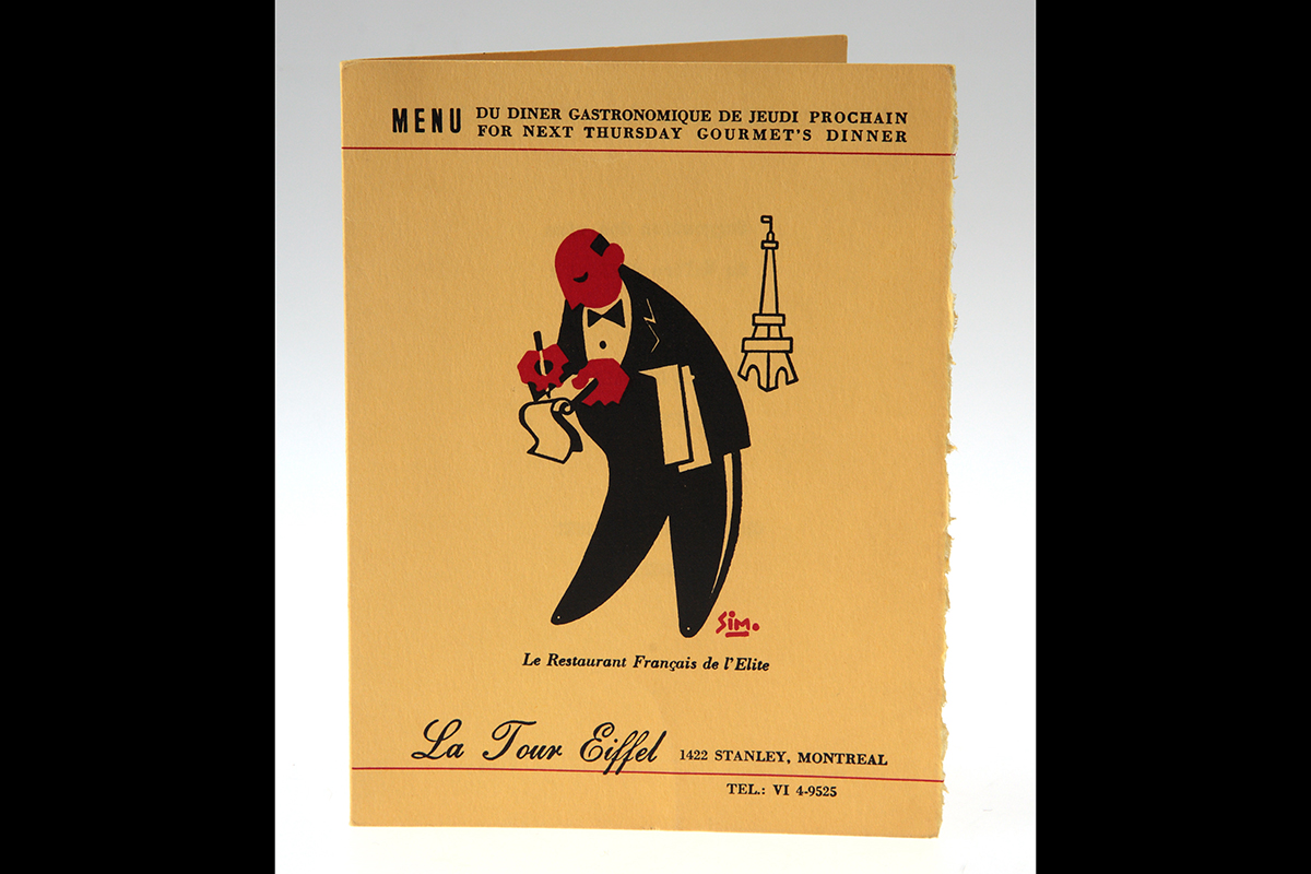 Menu, <em>La Tour Eiffel</em>, 1963. Gift of Marjorie D. Cooper Gawley, Menus and Gastronomy Collection C285, M2004.94.22.55, McCord Stewart Museum 