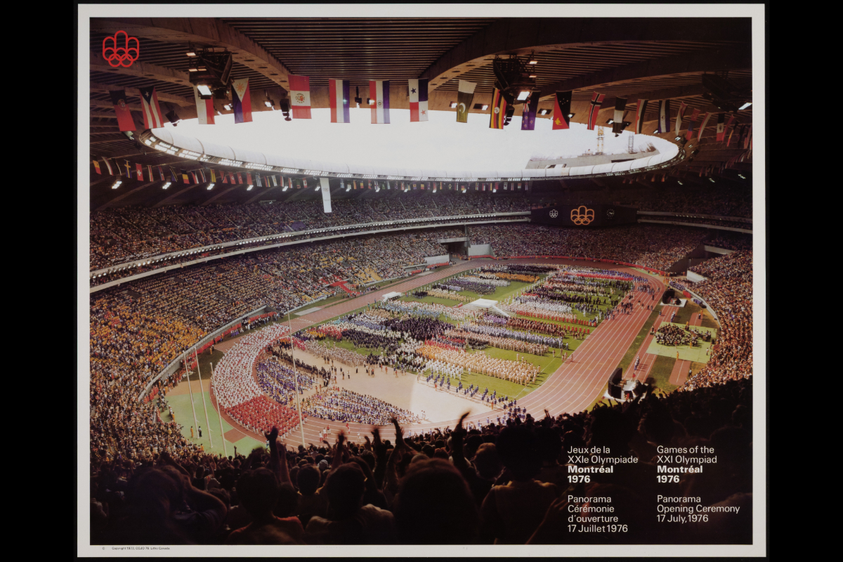 Poster <i>Games of the XXI Olympiad Montréal 1976, Opening Ceremony, July 17, 1976</i>. Gift of the Organizing Committee for the Olympic Games (OCOG), M976.178.47, McCord Stewart Museum, © COJO 76
